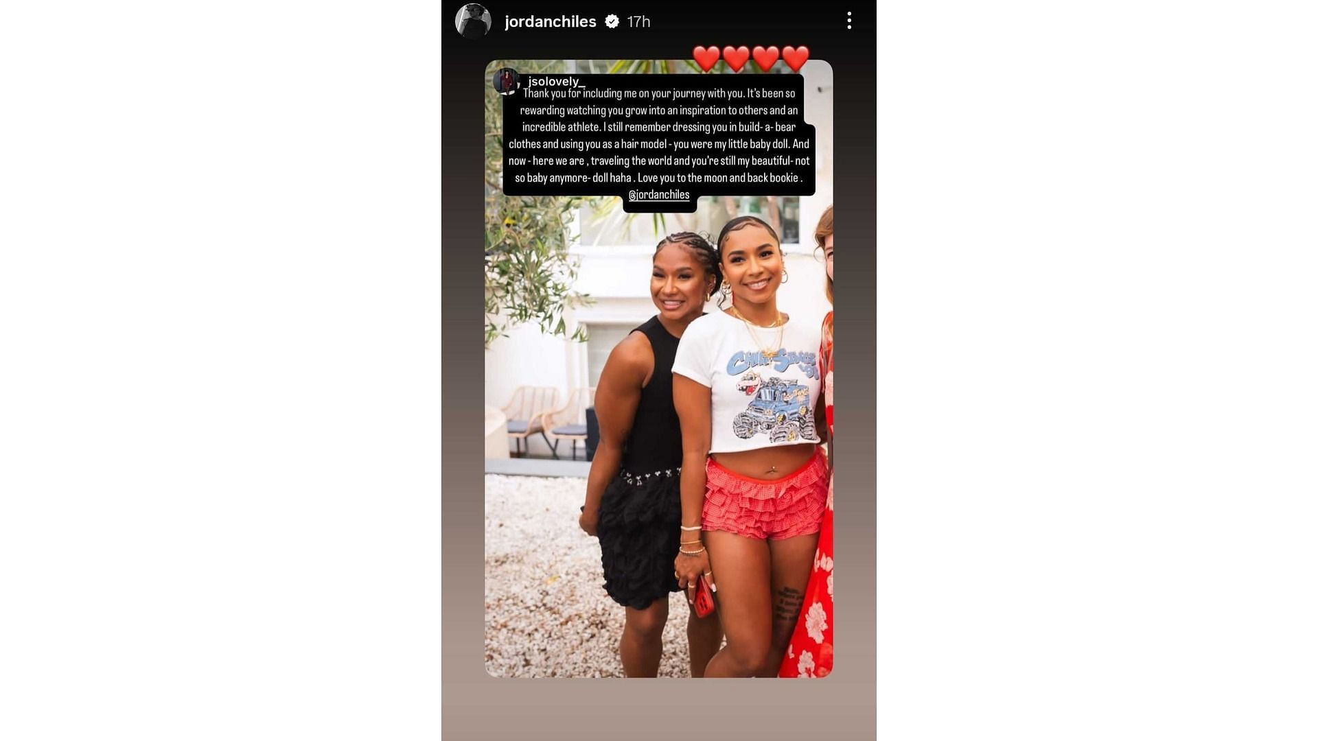 Screenshot of Chiles' Instagram story featuring her elder sister's message (Image via: Chiles' Instagram)